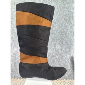 Black & Brown Womens Slip-On Knee-High Boots Size 8 Suedette Panel Stripe Flat